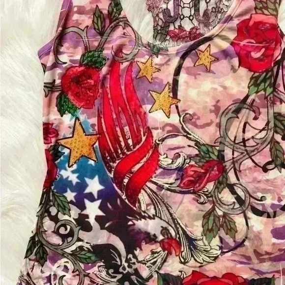 Ocean Blue Y2K Pink and Crystal Embellished Traditional Tattoo Print Dress Med - Picture 5 of 8